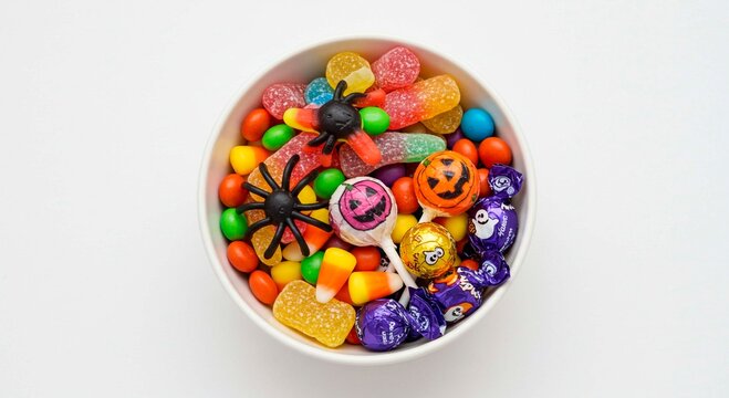 A top down view of a white bowl filled with halloween candy including lollipops and candy corn treats