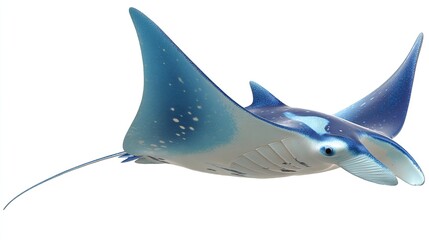 Cartoon-style manta ray with blue gradient skin, gliding smoothly against a white background