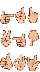 Vector illustration of a cartoon hand gesture set with 9 different poses, including thumbs up, OK sign, peace sign, pointing up, down, left, right, rock on, and fist. Cute emoji style design, perfect 
