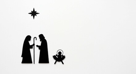 Silhouette nativity scene with mary joseph baby jesus and star on a white background minimalist design