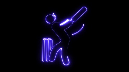 Neon cricket player batting action silhouette glowing purple on black background dynamic sports animation digital art - Powered by Adobe