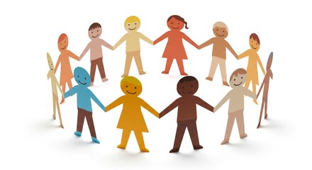 Paper cutout figures of diverse children holding hands in a circle on a white background unity concept