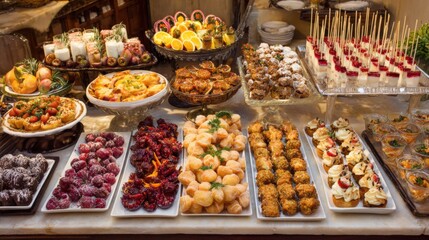 Various sweet desserts, appetizers, and finger foods are arranged on a buffet table, ready for party guests to enjoy