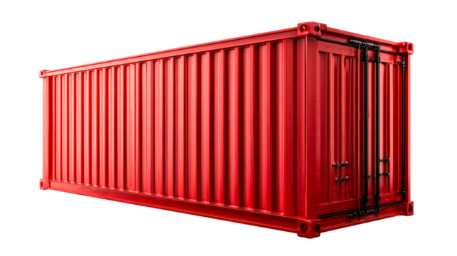 Red Shipping Container with Corrugated Metal Exterior and Black Locking Mechanism, cut out transparent - Powered by Adobe
