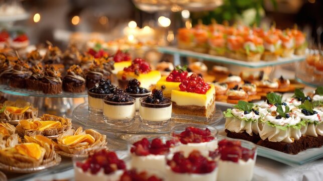 Various sweet desserts, appetizers, and finger foods are arranged on a buffet table, ready for party guests to enjoy
