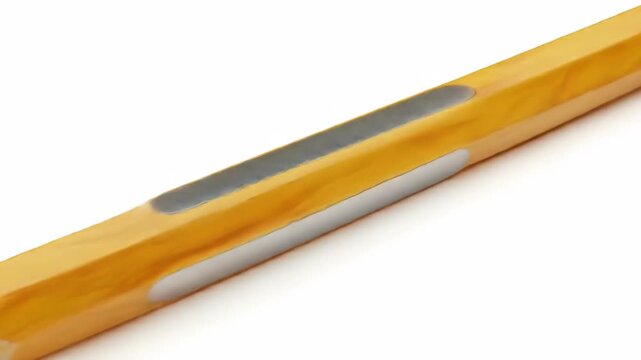 A close-up of a yellow, wooden writing tool featuring a pink eraser and metallic ferrule, on a bright white surface