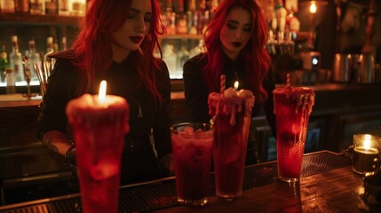 Vampire caf&eacute; gothic baristas red glowing drinks candlelight