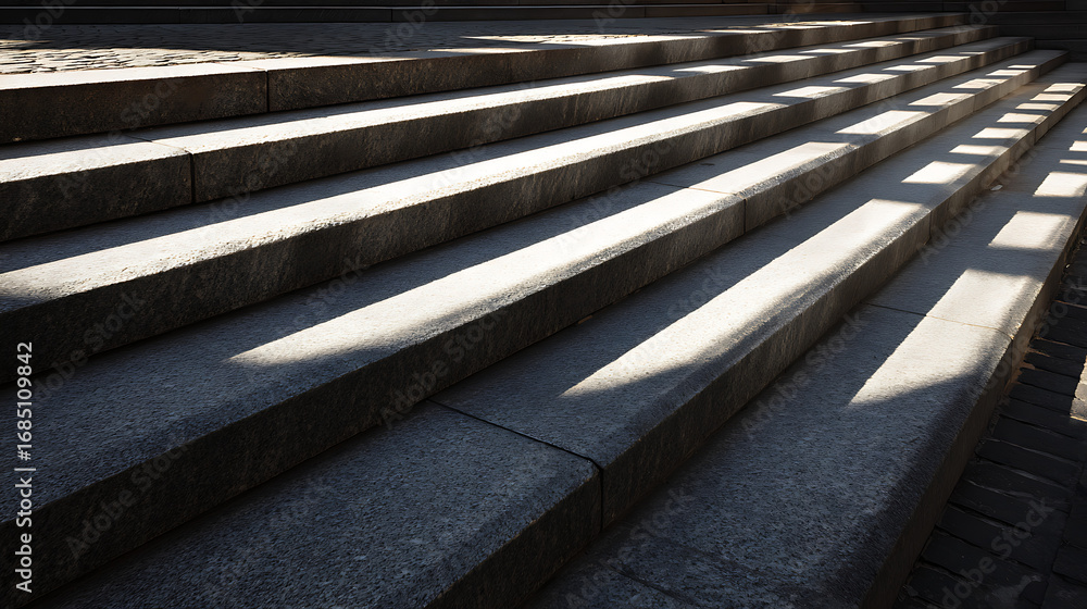 Poster geometric patterns of light and shadow fall across a series of concrete stairs, creating a dramatic 
