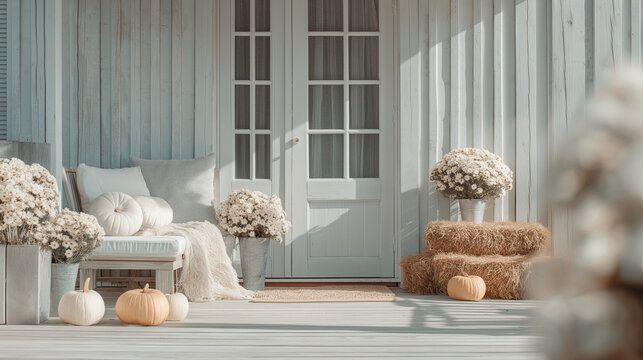 Cozy fall front porch with pumpkins, chrysanthemums, and hay bales