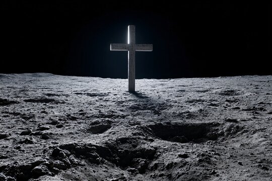 Single wooden cross on illuminated lunar ground, representing religion beyond Earth