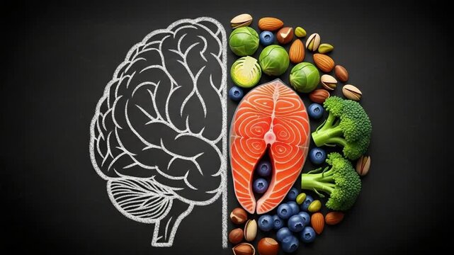 Chalkboard drawing of brain with salmon blueberries and nuts on the right side of the image