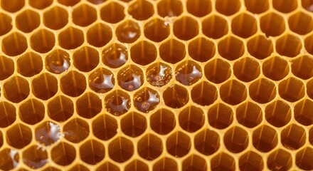 Golden honey glistens in perfect hexagonal cells of a natural honeycomb structure