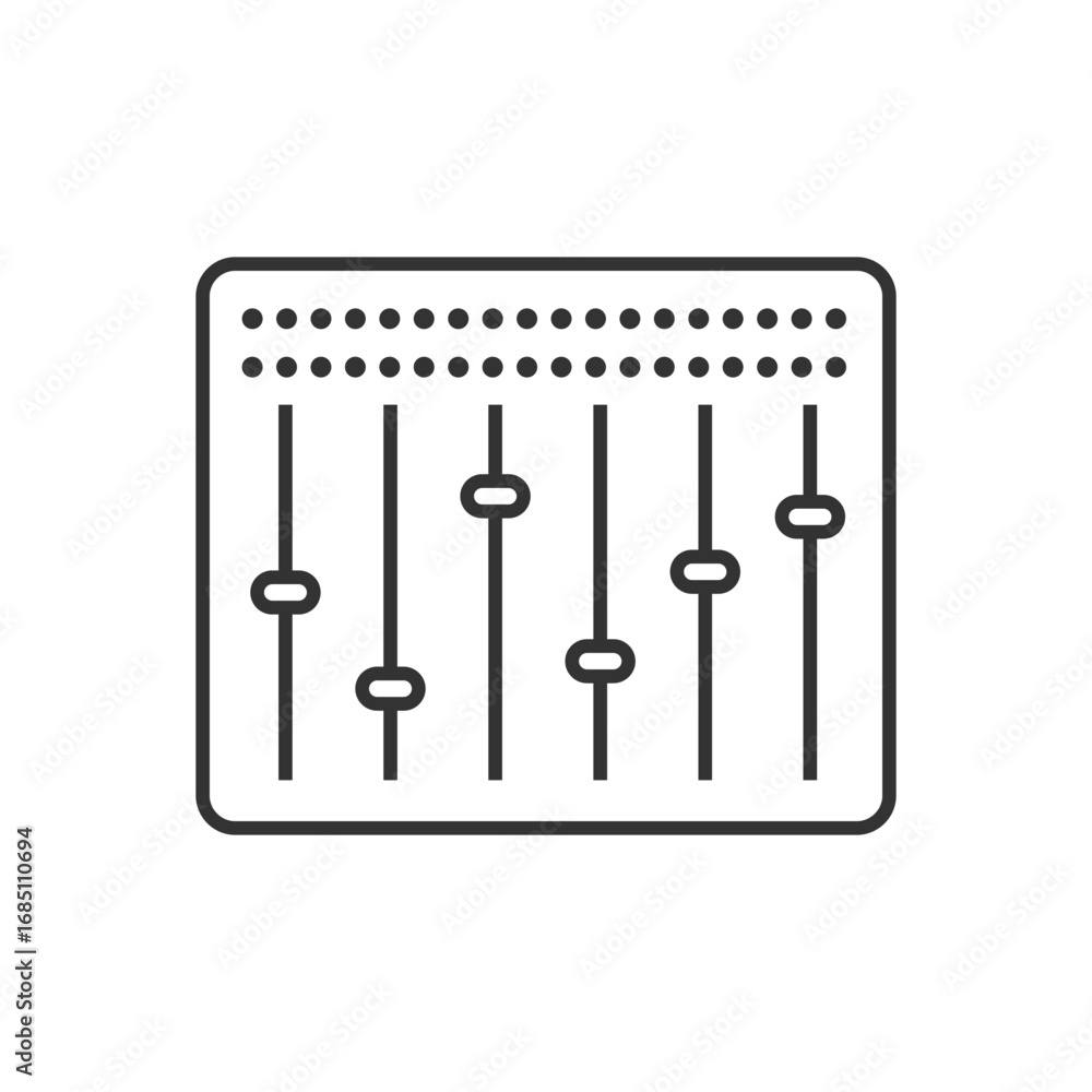 Poster a graphic of a soundboard with five vertical sliders and several round dots at the top. editable str