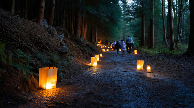 Wide shot of spooky forest path with glowing lanterns, silhouettes of children walking in the distance.