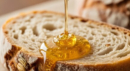 Golden honey pouring onto artisan sourdough bread, a delicious and healthy breakfast treat