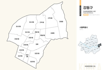 Obraz premium 서울특별시 강동구 행정동 윤곽선 지도