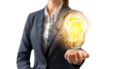 Person presenting a glowing lightbulb with a sketch of business ideas, cut out transparent
