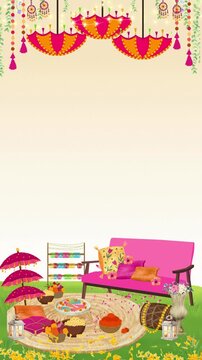 Pink and yellow illustrated haldi and mehendi wedding invitation blank background video