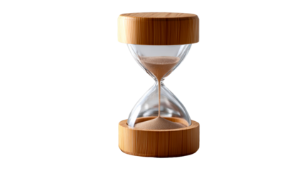 Glass hourglass with wood ends measuring time as sand flows, cut out transparent