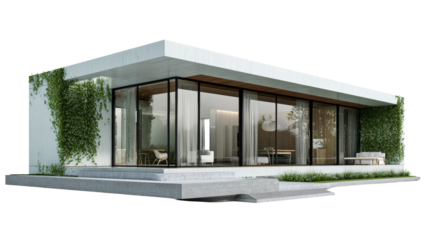 Modern minimalist concrete house with extensive glass walls and lush greenery, cut out transparent