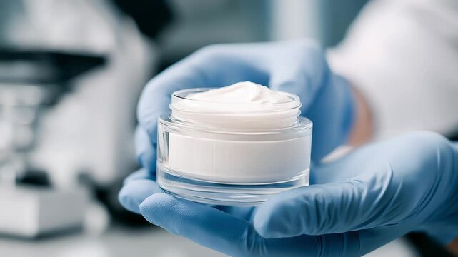 Close up hands of product researcher in gloved, holding a jar filling with white cream with a smooth texture, Product testing, Research and formulation in laboratory. Beauty, skincare and cosmetology	