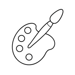 A line drawing of an artists palette with four circular paint wells and a paintbrush resting diagonally across it. Editable stroke. Vector illustration