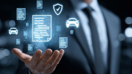 Half-body torso of a professional in a modern office, glowing holographic car and shield icons mixed with flat clean insurance documents floating in front