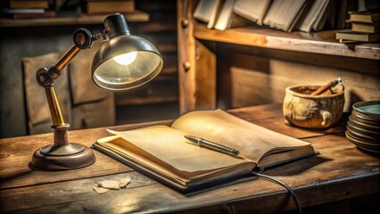 Obraz premium Photo of an open book sits on a wooden desk under the warm glow of a vintage lamp, inviting readers to immerse themselves in its pages and explore the stories and knowledge it holds within