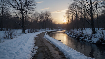 Peaceful quiet pathway along the Wascana creek in winter time.