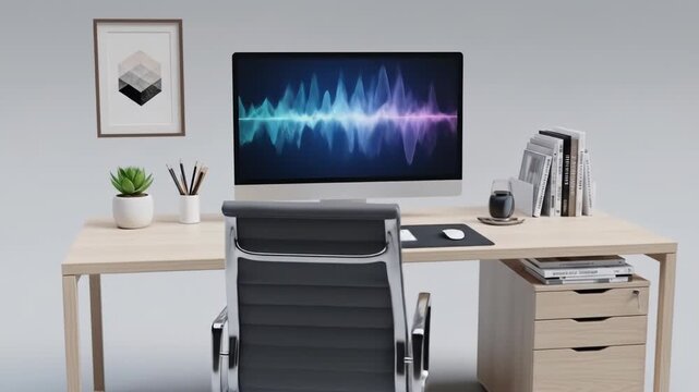 A modern office setup with a desk, chair, and computer displaying a soundwave. Accessories include books, a plant, and artwork