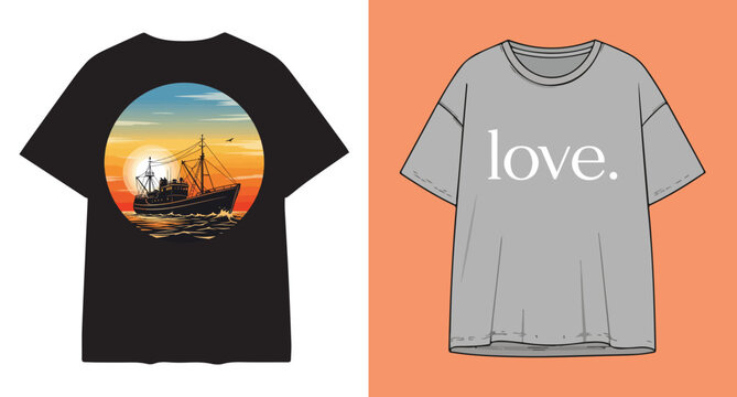 Two t shirts one black with scenic print one grey with love text