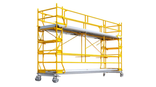Mobile Yellow Scaffolding Unit with Wheels and Safety Rails, cut out transparent