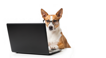 Dog using laptop wearing glasses isolated on transparent background