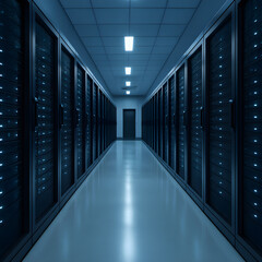 Fototapeta premium Modern data center server room with rows of illuminated network racks in blue lighting