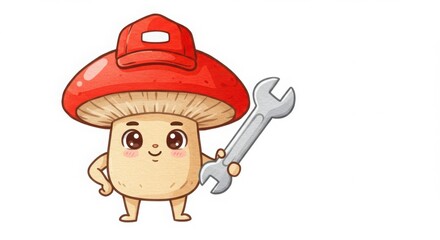Obraz premium A cute cartoon mushroom character mechanic holding wrench in a colorful watercolor illustration