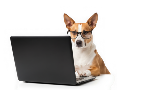 Dog using laptop wearing glasses isolated on transparent background