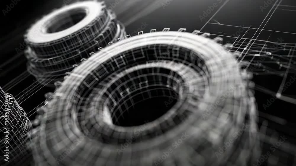 Poster complex wireframe structure rotating in digital environment