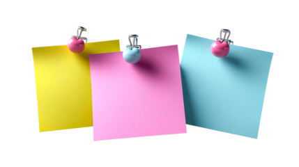 Three colorful paper notes with clips on a white background, cut out transparent