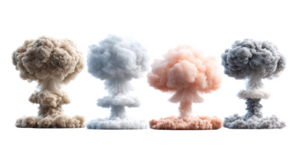 Four Mushroom Clouds of Varying Colors Against a White Background, cut out transparent