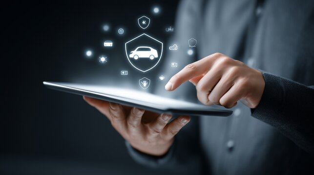 Torso holding a tablet, minimal floating icons of car safety, shield, and digital approval above the screen