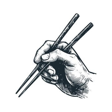 Hands holding chopsticks &ndash; Black and White Icon Vector and Illustration