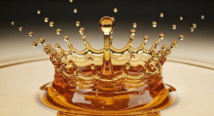 Golden liquid splash forms elegant crown shape with flying droplets, conveying luxury and dynamism