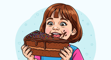 Girl with chocolate on face joyfully eating a large slice of chocolate cake with colorful sprinkles topping