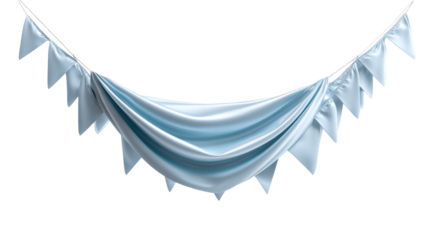 Light Blue Silk Fabric Festive Flags Hung on String Against White Background, cut out transparent
