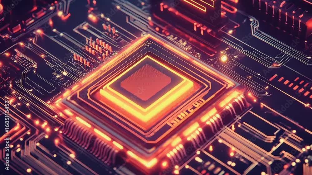 Poster cpu is glowing and processing data on motherboard, close up view