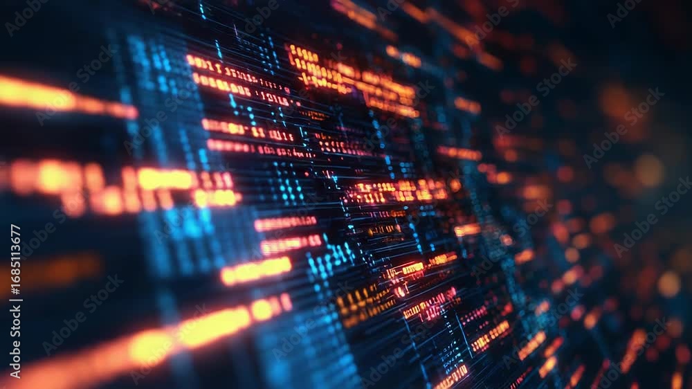Poster futuristic data stream flowing on digital display