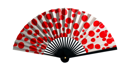 Open white folding fan with red polka dots and black handle, cut out transparent