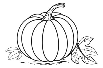 Black and white outline of a pumpkin with leaves perfect for coloring pages and autumn themed designs available for download with commercial use license
