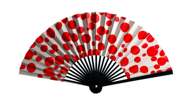 Open white folding fan with red polka dots and black handle, cut out transparent