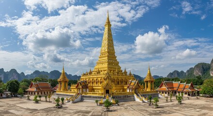 Fototapeta premium Magnificent Gold Architecture of Wat Phra That Phanom Temple Landscape in Thailand